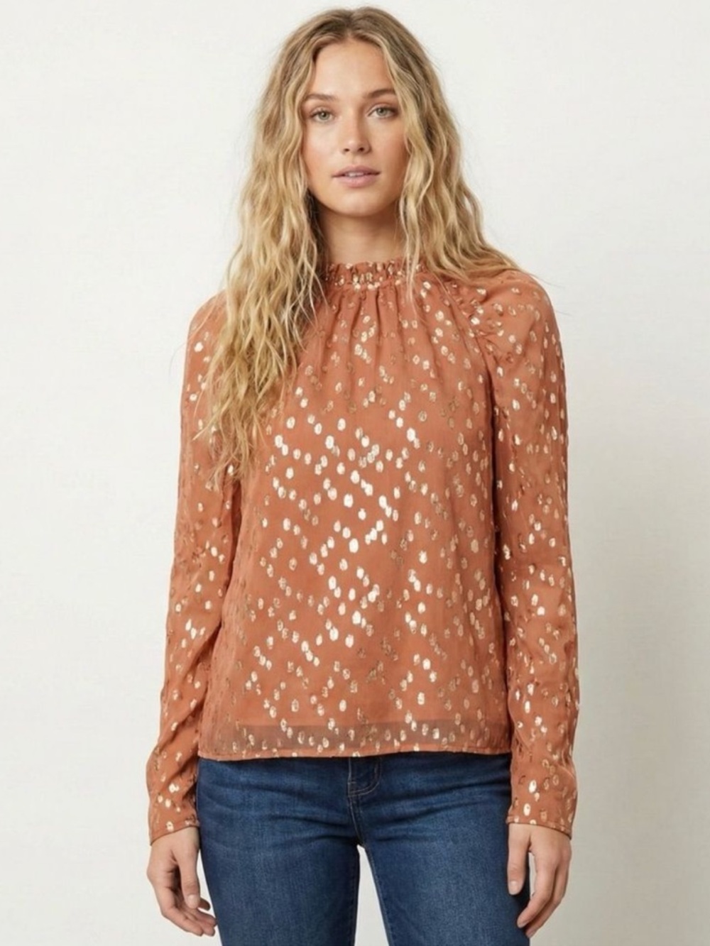 Marie Oliver Rust Orange and Gold Metallic Dot High-Neck Layla Blouse